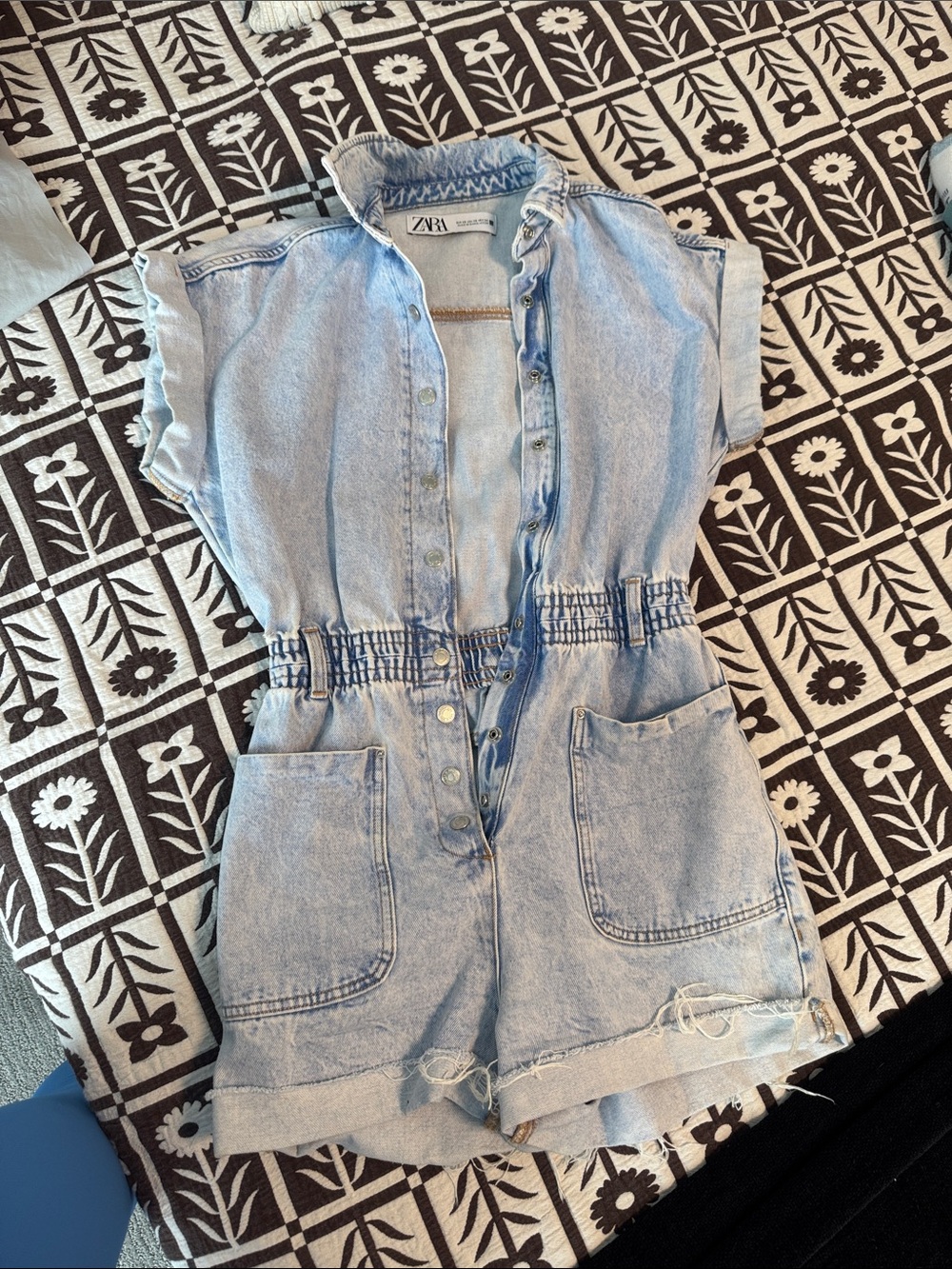 Zara Light Blue Denim Short Romper with Elastic Waist